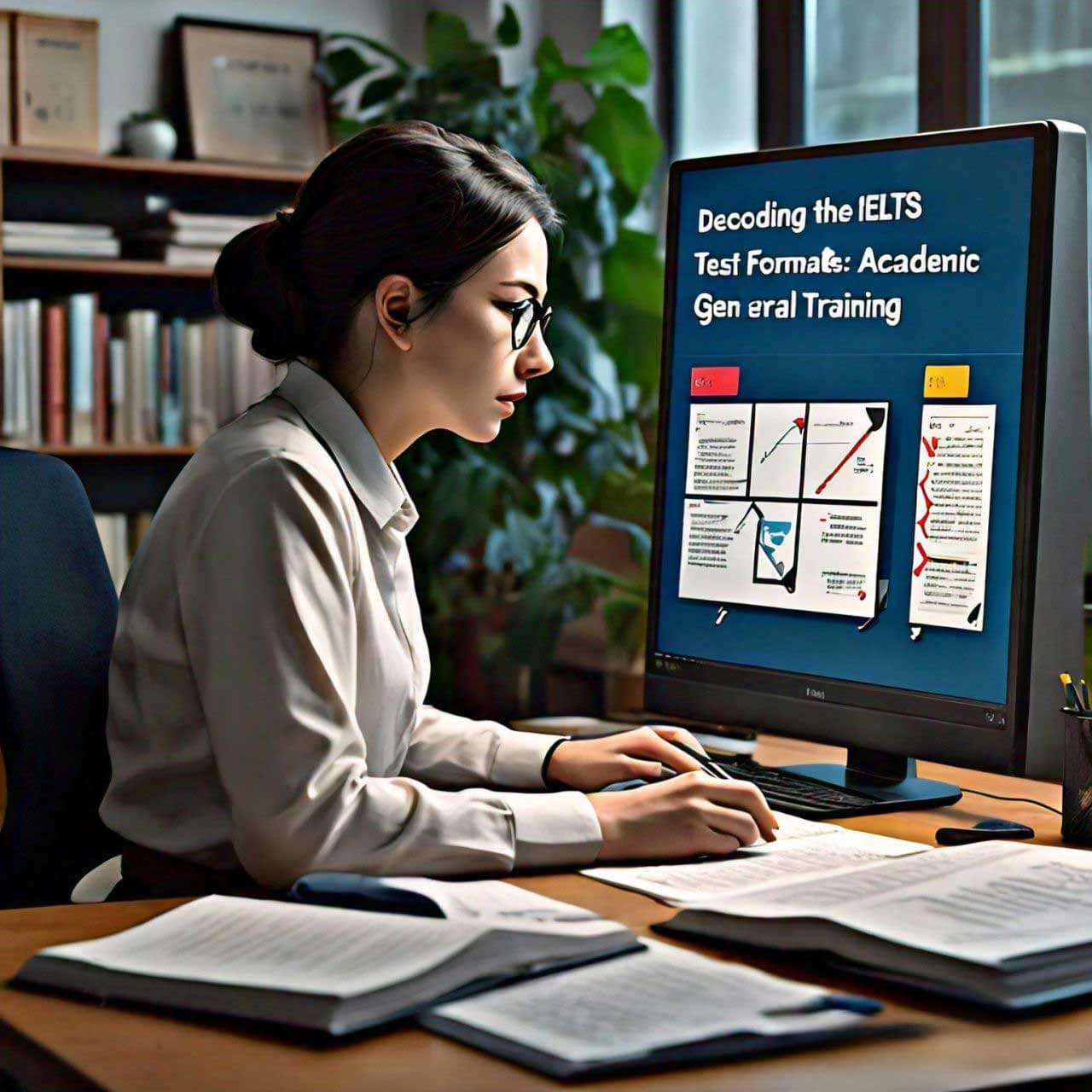 A woman sitting at a desk, working on a computer displaying ‘Decoding the IELTS Test Formats: Academic & General Training’ with various text and graphics related to IELTS preparation. Documents and notes are scattered on the desk.