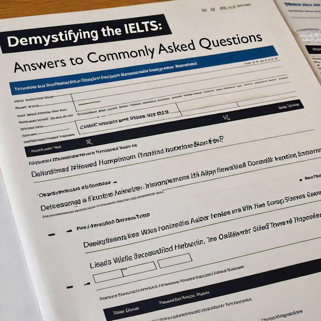 Printed worksheet titled ‘Demystifying the IELTS: Answers to Commonly Asked Questions’ with multiple choice questions and answers in English, focused on preparing for the IELTS.