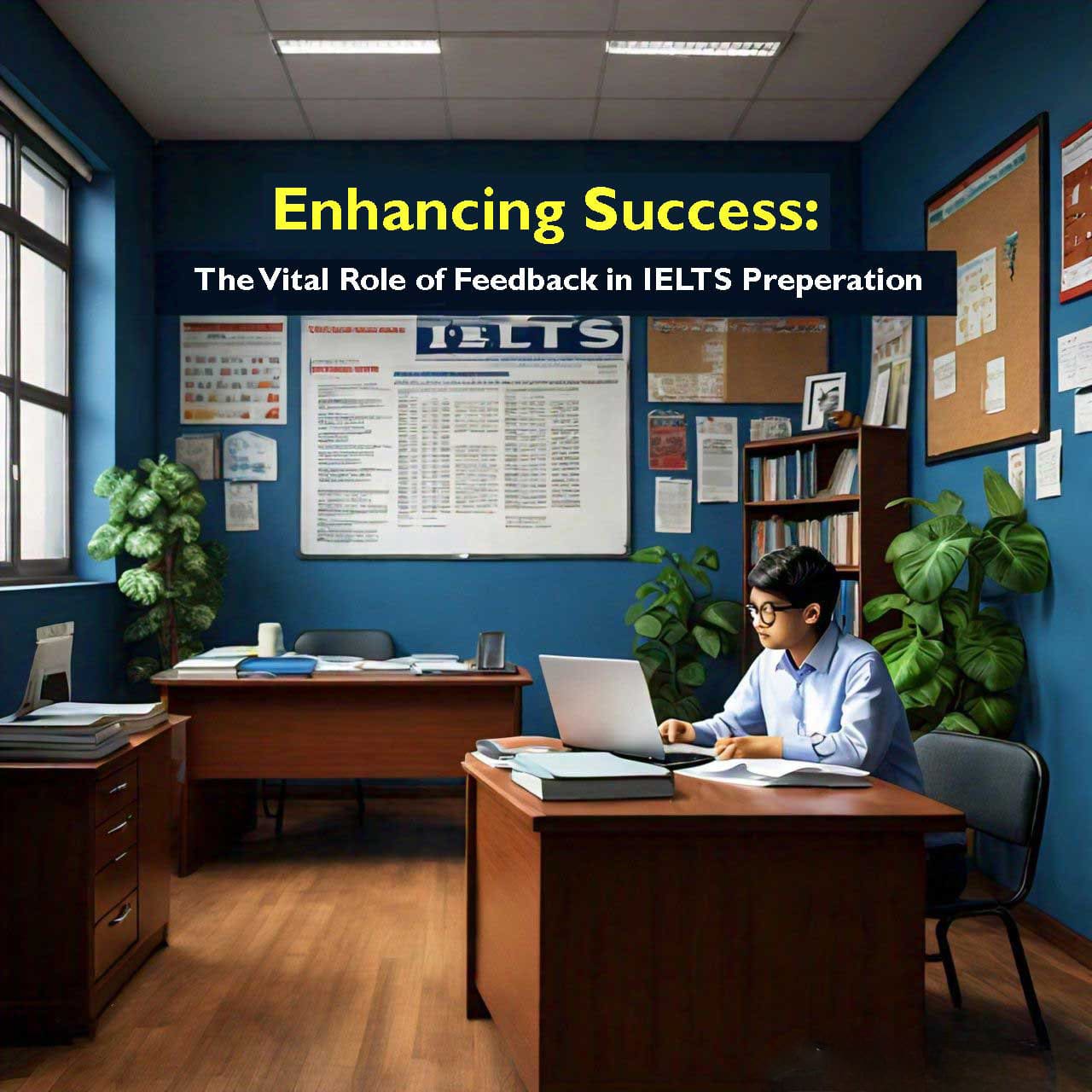 An individual sitting at a desk in a blue-walled office, working on a laptop with papers and a bulletin board in the background. A banner above reads ‘Enhancing Success: The Vital Role of Feedback in IELTS Preparation’ with the IELTS logo.