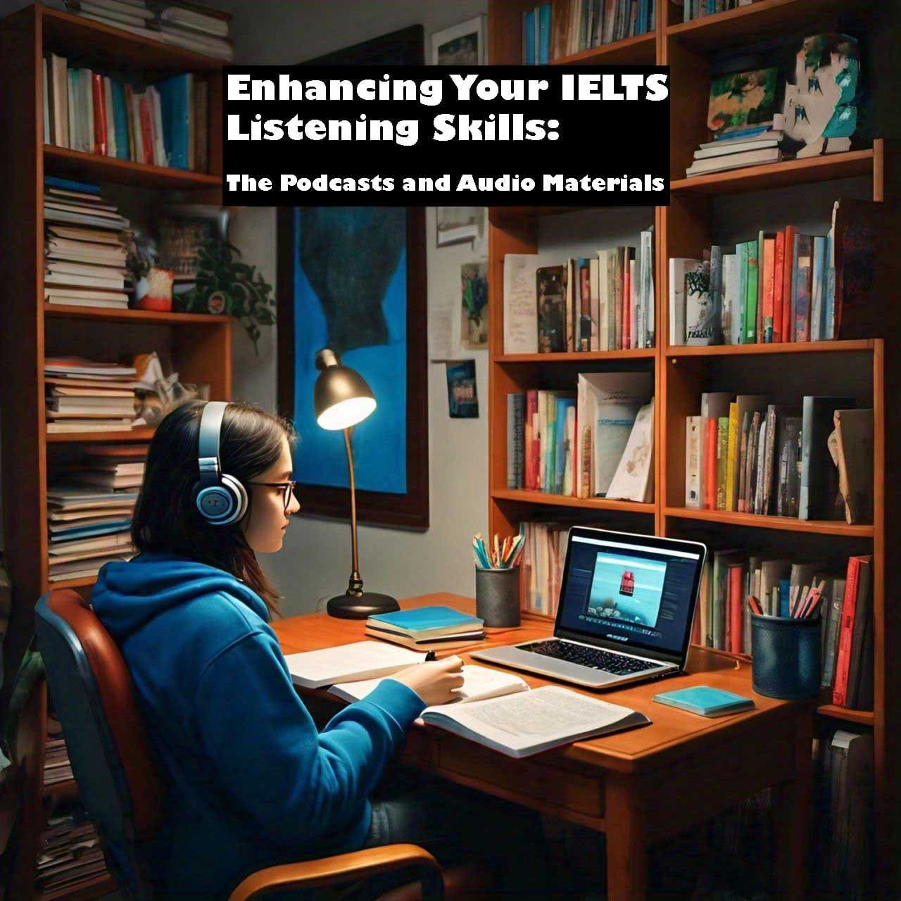 Individual studying for IELTS with headphones, laptop, and notes, focusing on ‘Enhancing Your IELTS Listening Skills: The Podcasts and Audio Materials’.