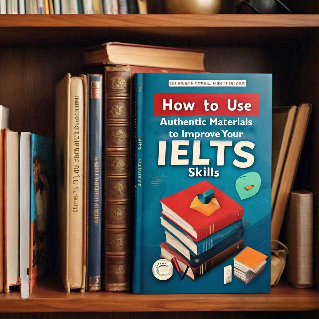 A bookshelf with various books, featuring a blue book titled ‘How to Use Authentic Materials to Improve Your IELTS Skills’.