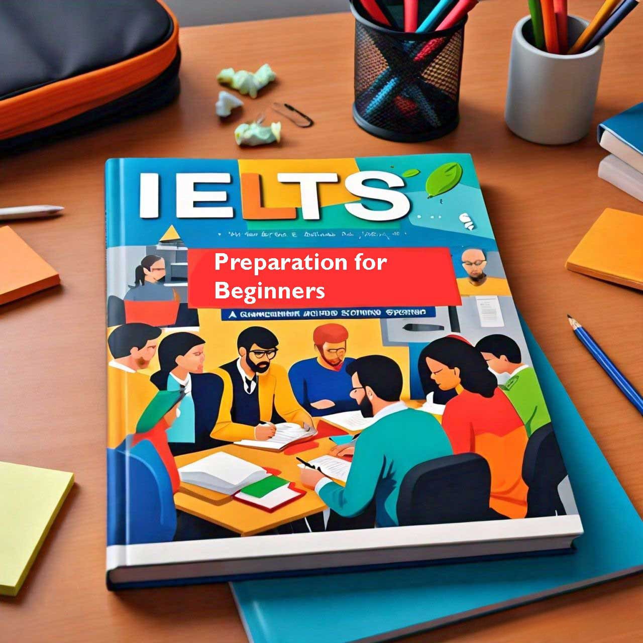 Textbook titled ‘IELTS Preparation for Beginners’ on a wooden desk with stationery items, crumpled paper, and a backpack, indicating study materials for IELTS exam preparation.