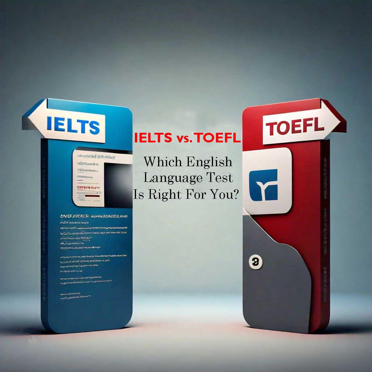 Two standing brochures for IELTS and TOEFL against a blue background with text ‘IELTS vs. TOEFL Which English Language Test Is Right For You?’ on the IELTS brochure.