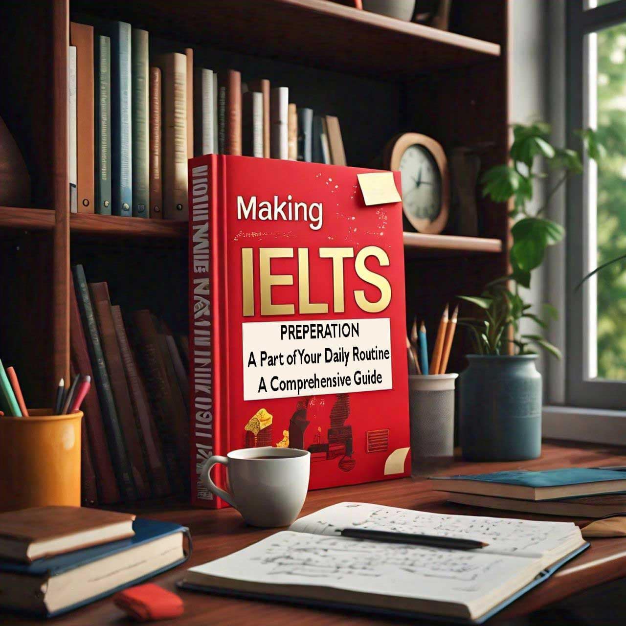 Red IELTS preparation book on a wooden desk titled ‘Making IELTS Preparation A Part of Your Daily Routine A Comprehensive Guide’.