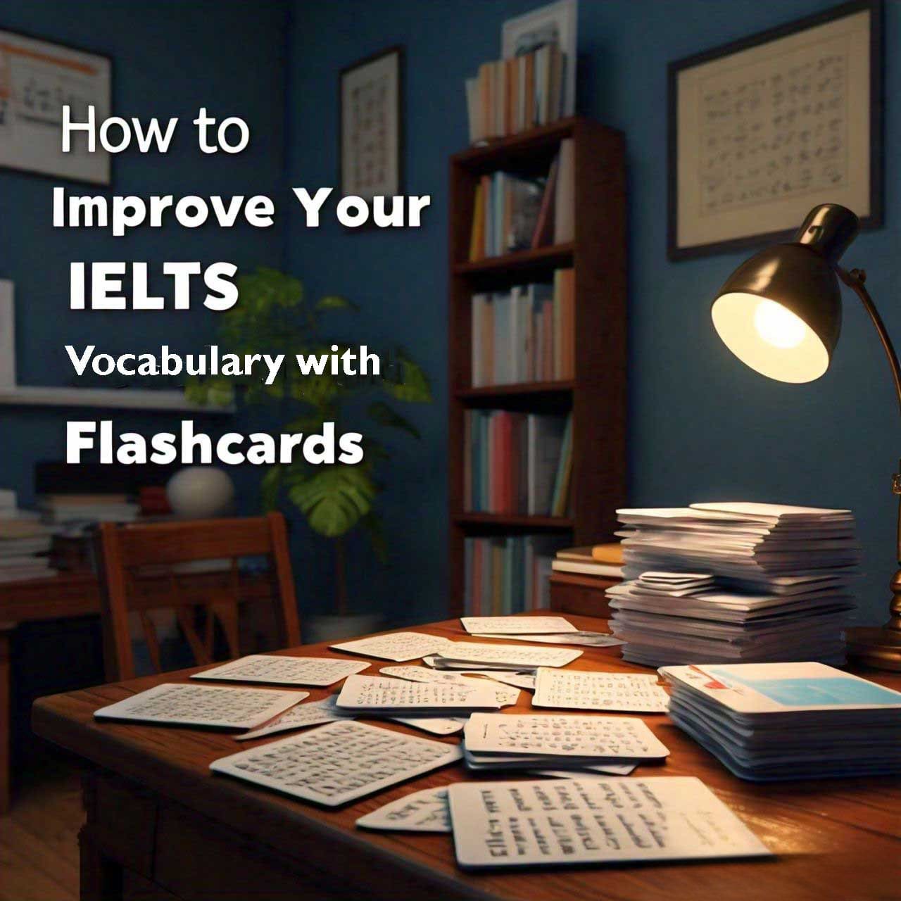 A study room with a desk lamp on, piles of flashcards spread out on a table, and the text ‘How to Improve Your IELTS Vocabulary with Flashcards’ at the top.