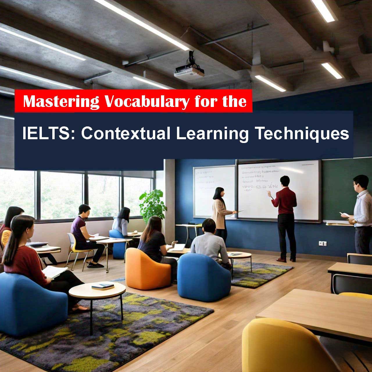 Contemporary classroom with students and a teacher, and text ‘Mastering Vocabulary for the IELTS: Contextual Learning Techniques’.