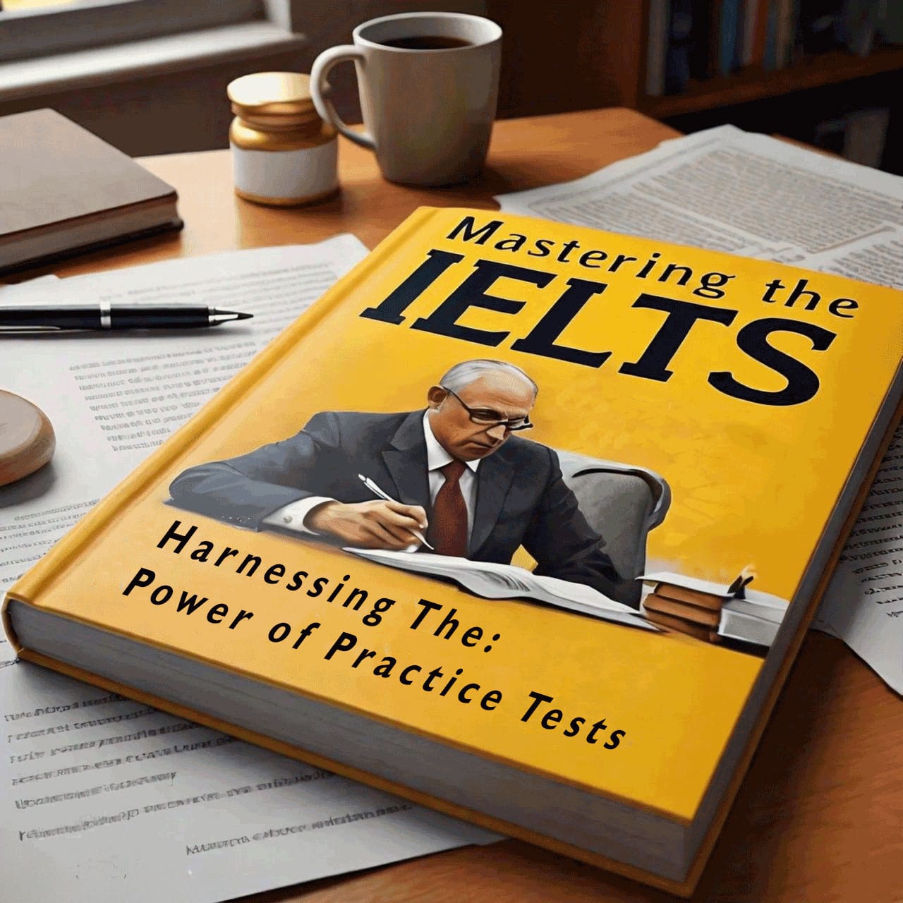 Book titled ‘Mastering the IELTS, Harnessing The Power of Practice Tests’ on a wooden desk with a cup of coffee and glasses beside it.