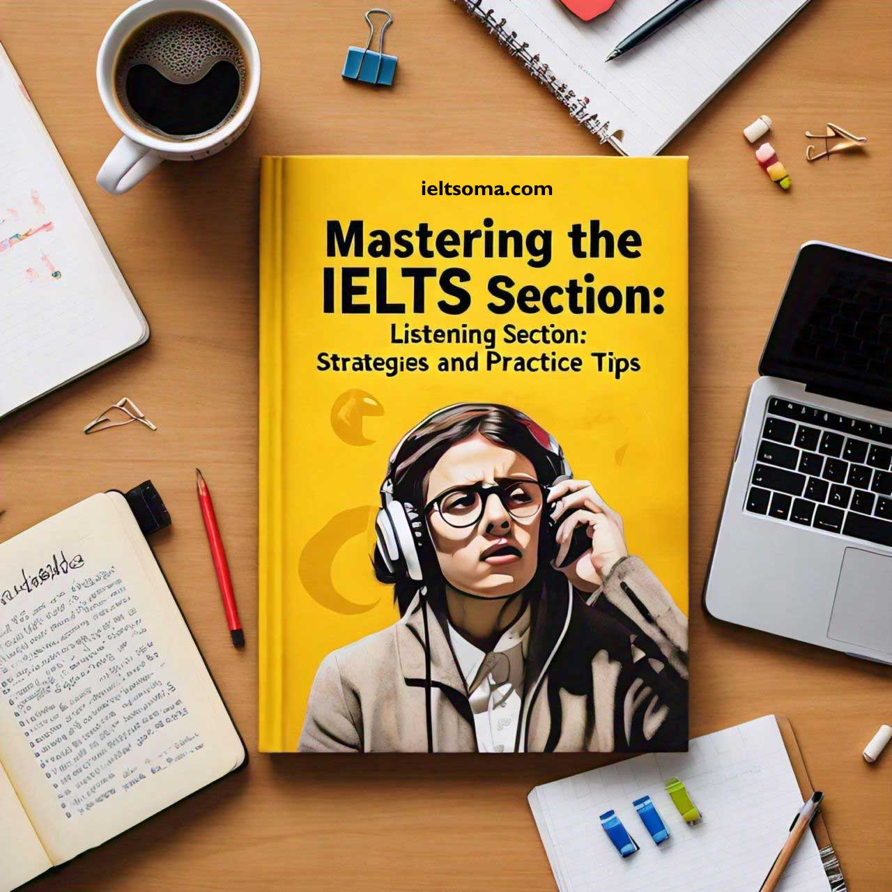 Study desk with a book titled ‘Mastering the IELTS Listening Section: Strategies and Practice Tips’ on ieltsoma.com, accompanied by a laptop, notebook, pencils, markers, and headphones.