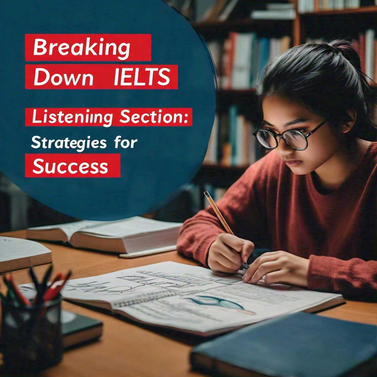 A girl sitting at a desk writing notes with textbooks and stationery items, with a graphic overlay reading ‘Breaking Down IELTS Listening Section: Strategies for Success’.