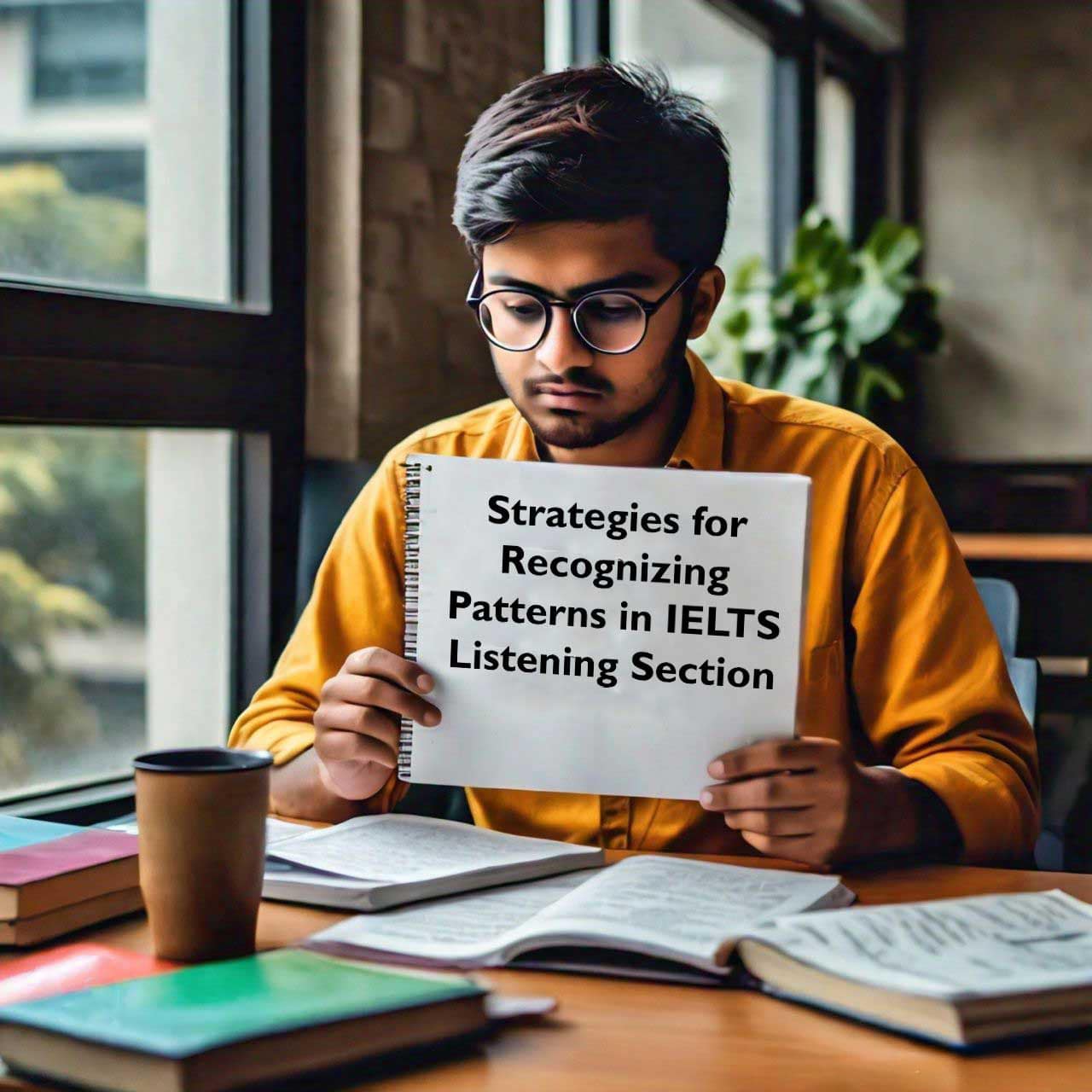 A person in a yellow sweater sitting at a wooden table, holding a paper with the text ‘Strategies for Recognizing Patterns in IELTS Listening Section’ written on it, with a blurred background featuring a window and greenery outside.