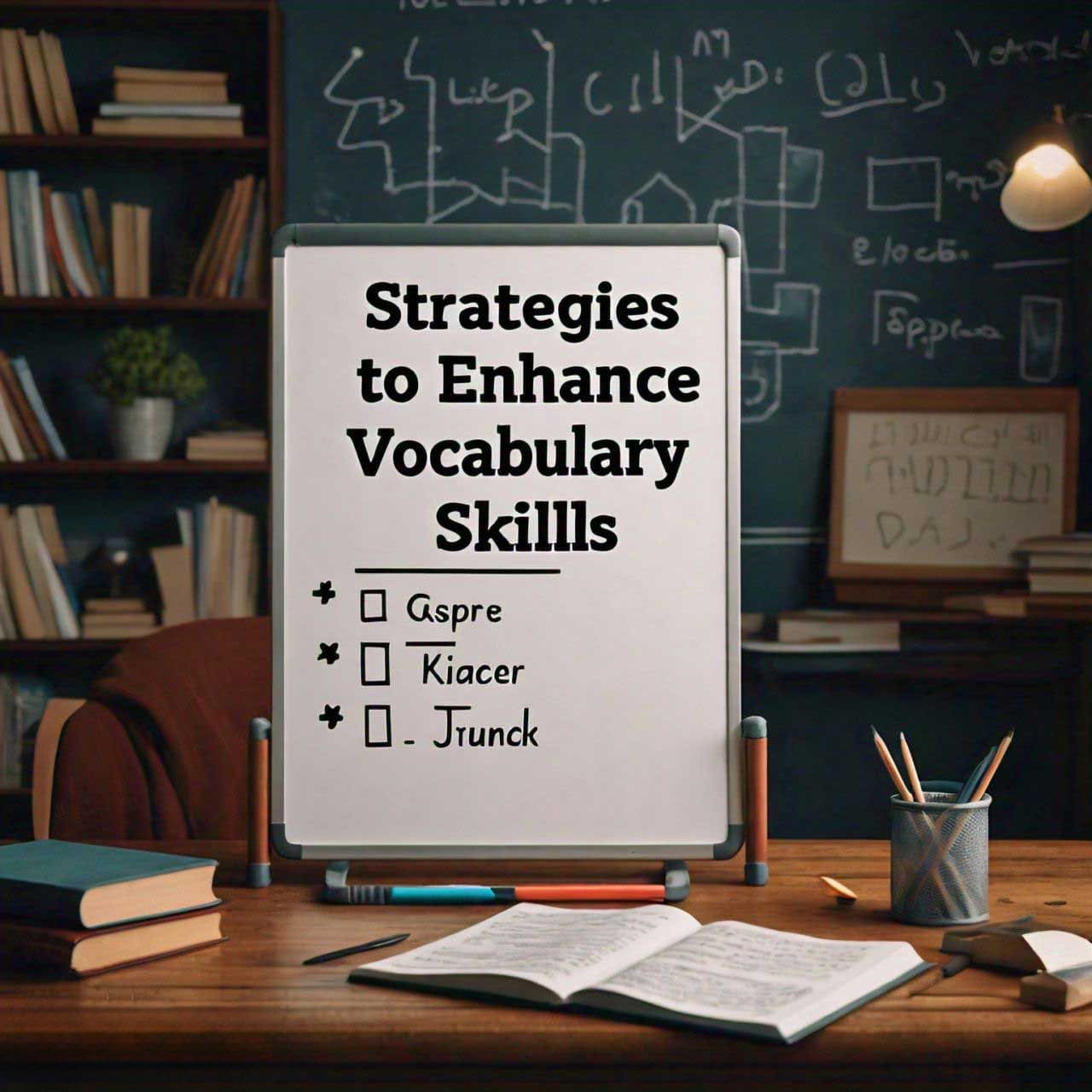 Whiteboard titled ‘Strategies to Enhance Vocabulary Skills’ with bullet points and checkboxes, in front of a chalkboard with mathematical equations, desk with pencils, notebook, closed book with bookmarks.