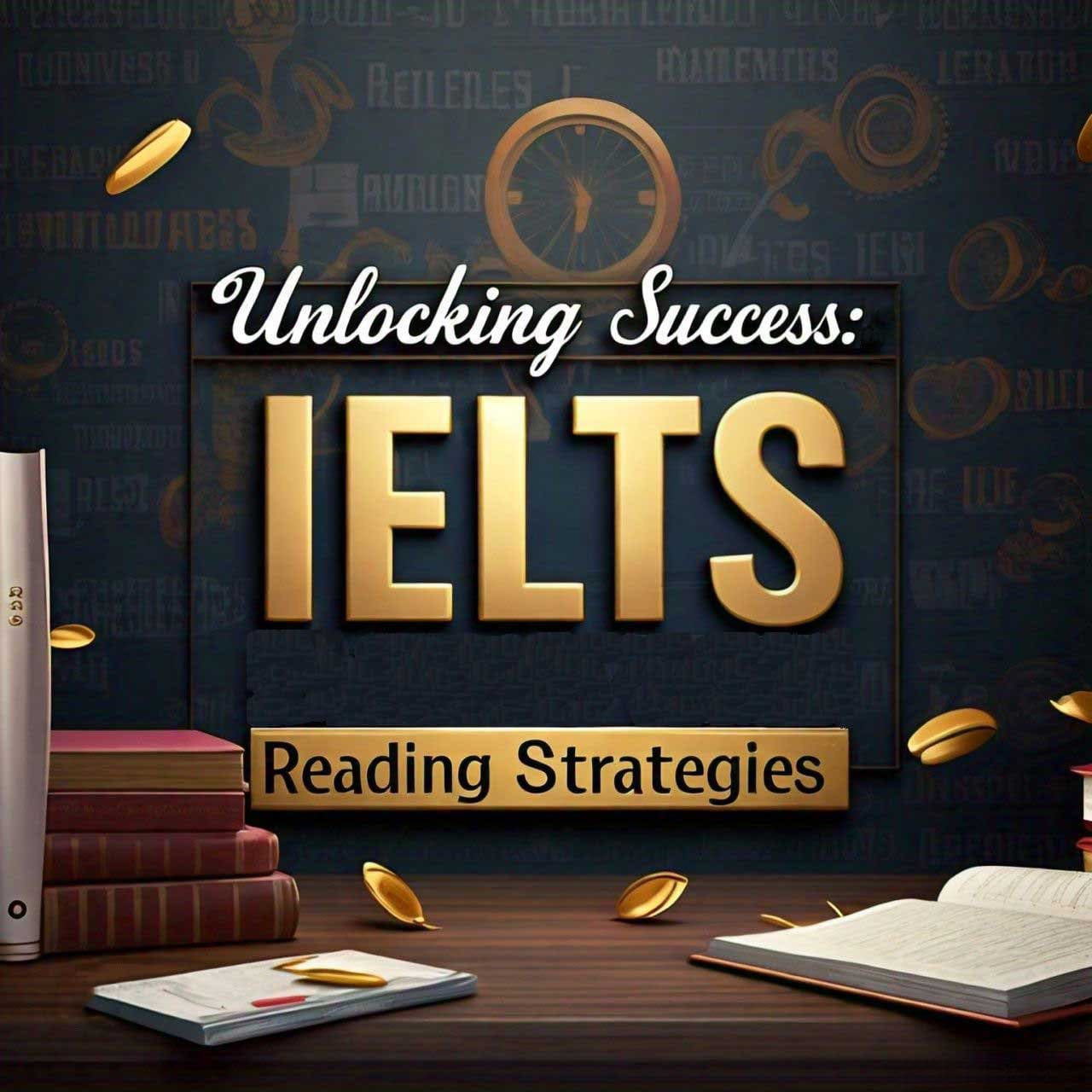 IELTS Reading Strategies advertisement with open book and glasses on a table.