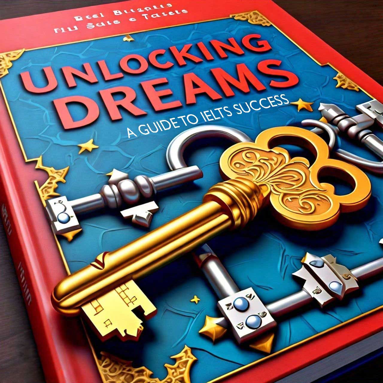 Vibrant red book cover titled ‘Unlocking Dreams - A Guide to IELTS Success’ with a golden key, smaller keys, and stars on a dark blue background.