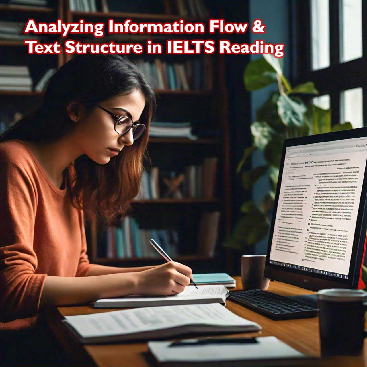 A girl studying ‘Analyzing Information Flow & Text Structure in IELTS Reading’ on a laptop.