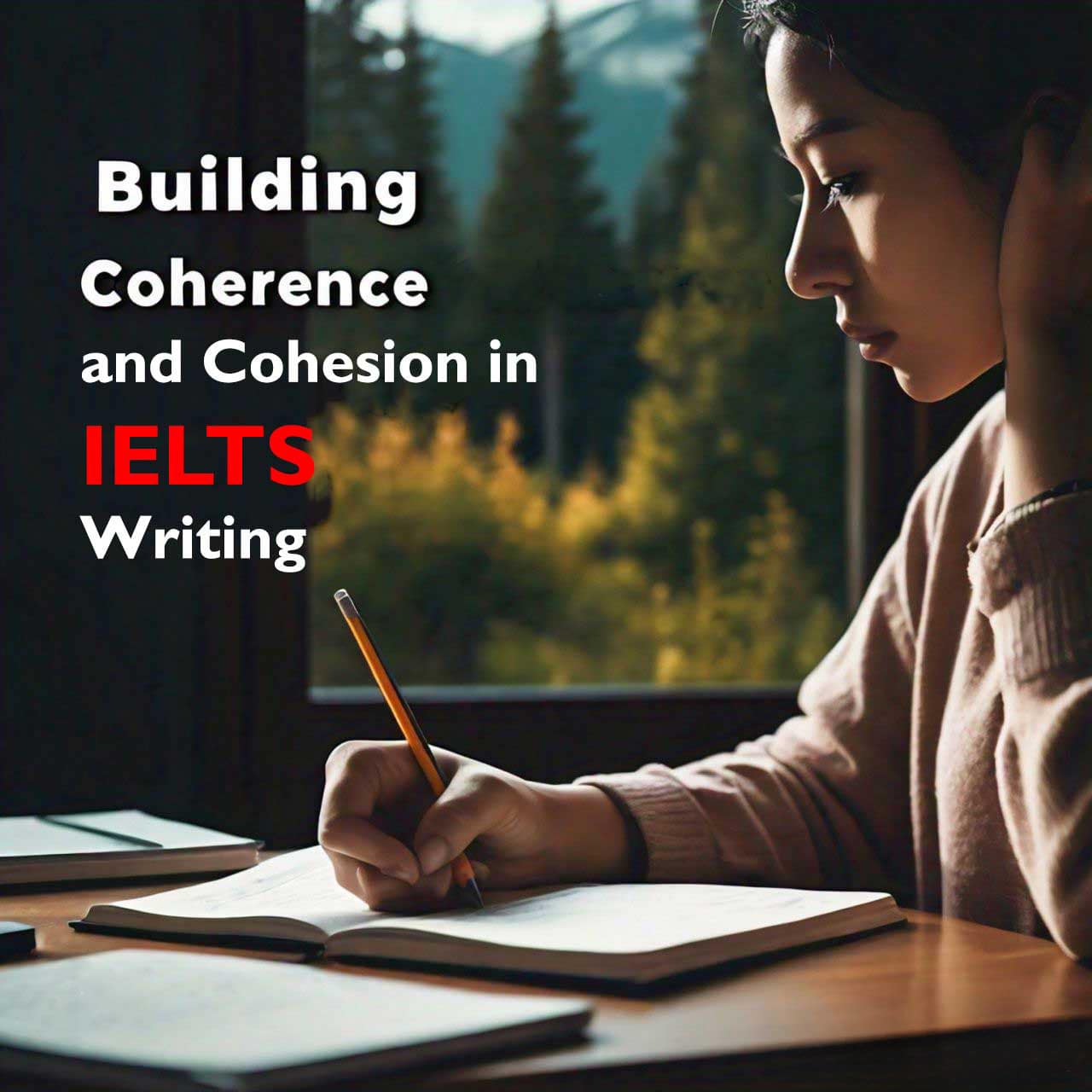 A woman writing in a notebook by a window, with text overlay ‘Building Coherence and Cohesion in IELTS Writing’