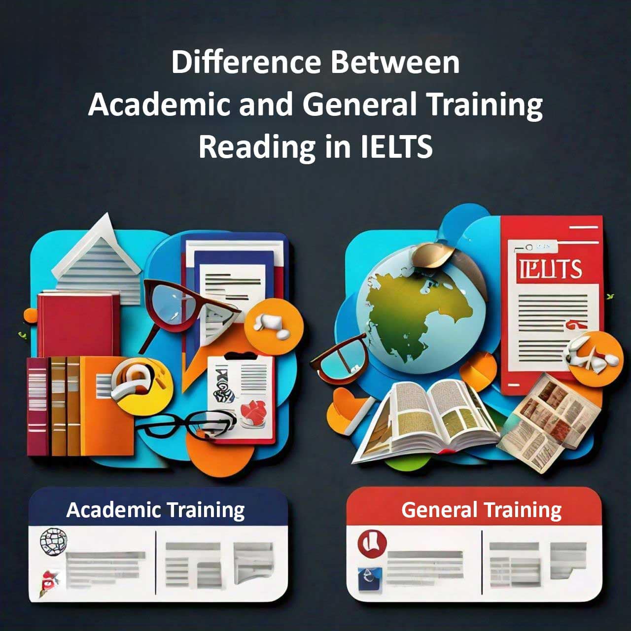 A graphic comparing ‘Academic Training’ and ‘General Training’ reading in IELTS, with icons representing study and practical reading skills.