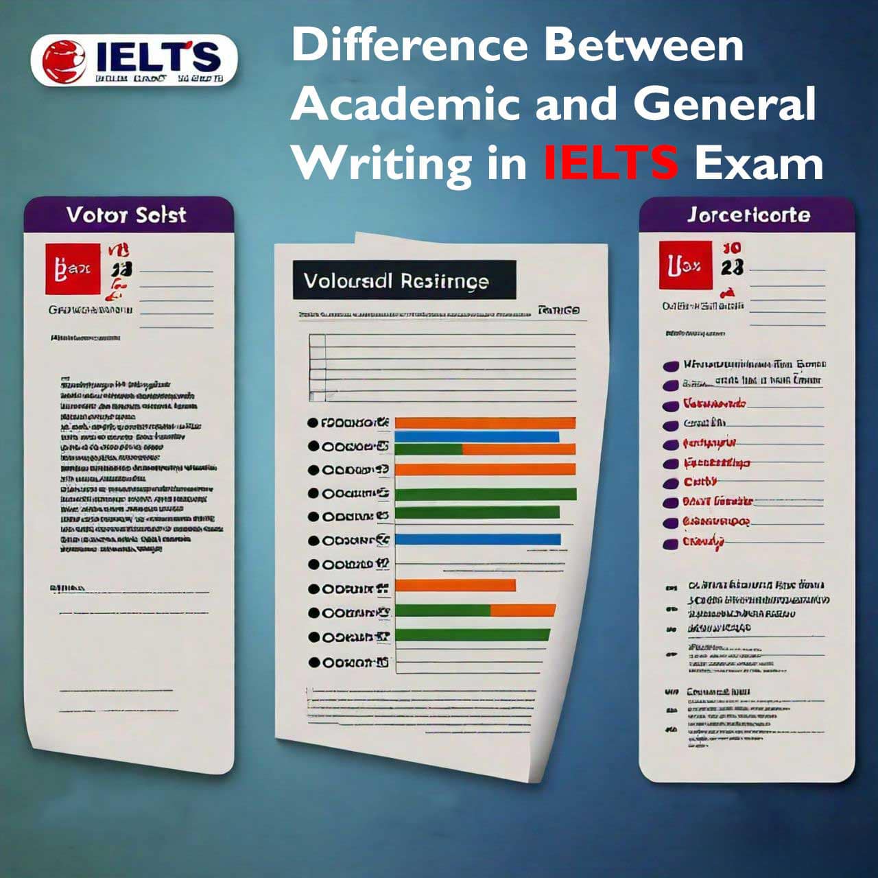 IELTS Exam comparison chart showing the difference between Academic and General Writing with color-coded performance bars on sample answer sheets, against a blue background with IELTS logo.