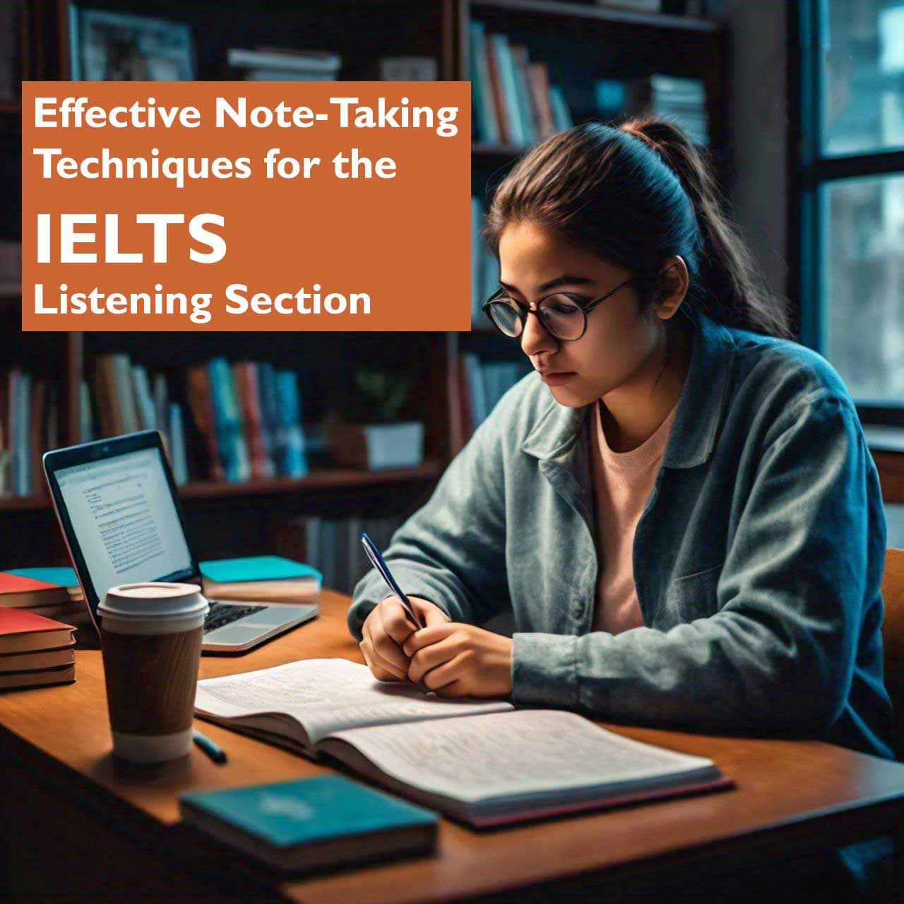 A young girl writing notes on effective note-taking techniques for the IELTS Listening Section, with a coffee cup.