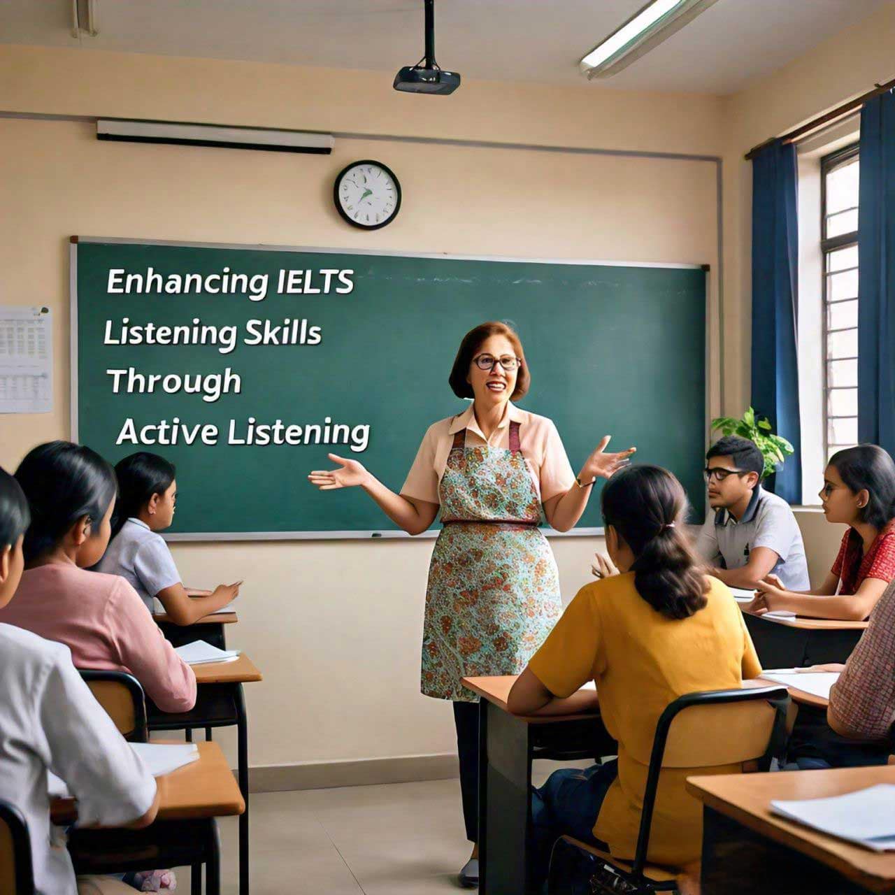 IELTS listening skills class with a teacher explaining active listening techniques in front of a green chalkboard.