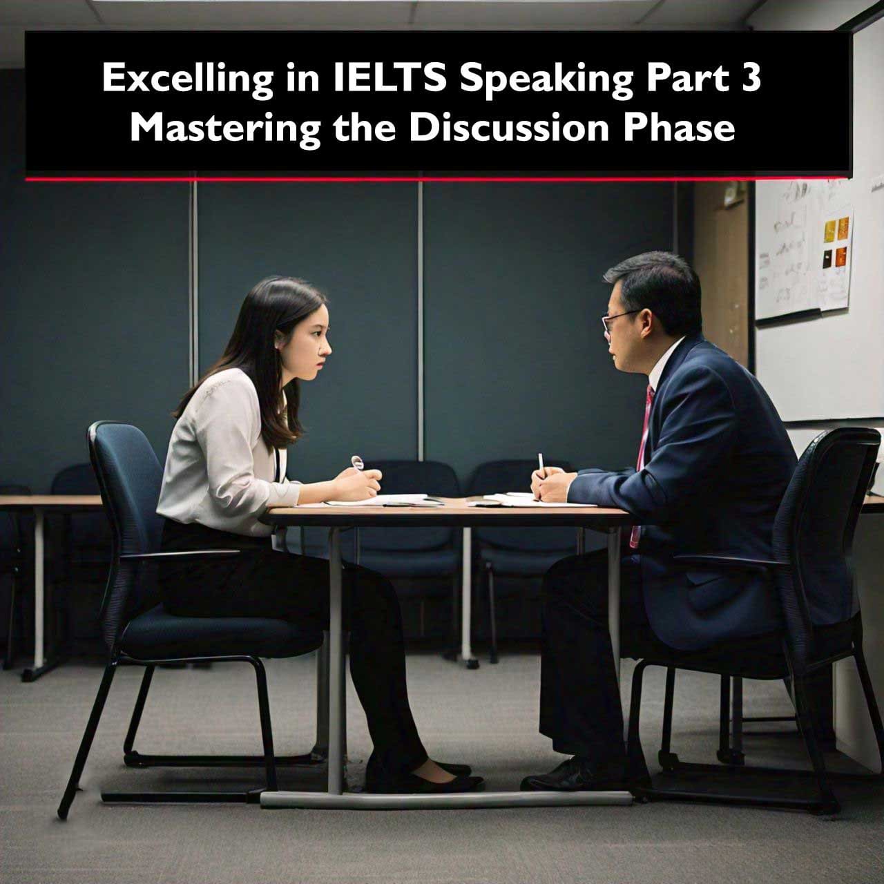 Two individuals engaged in a discussion at a table during an IELTS Speaking Part 3 test, with focus on mastering the discussion phase, in a formal examination room setting.