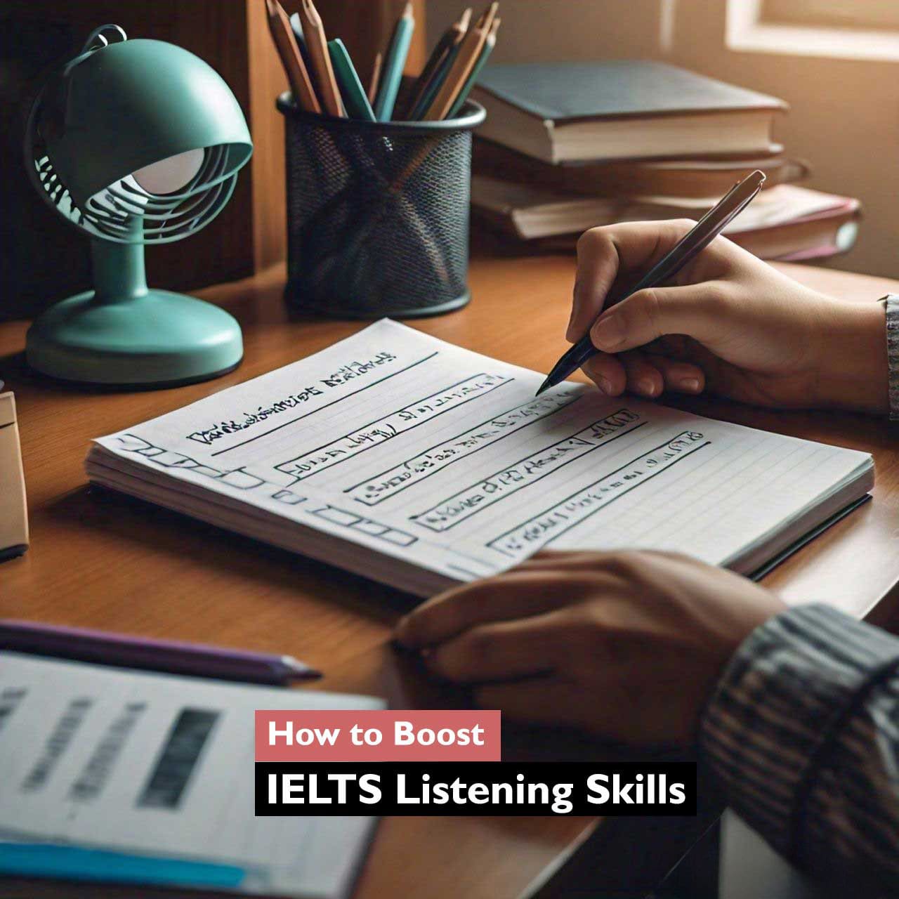 Hand writing in a notebook titled ‘Listening Exercise’ next to a green desk lamp, with text ‘How to Boost IELTS Listening Skills’