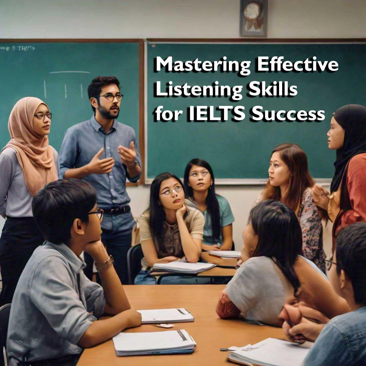 Classroom with students and teacher focusing on ‘Mastering Effective Listening Skills for IELTS Success’