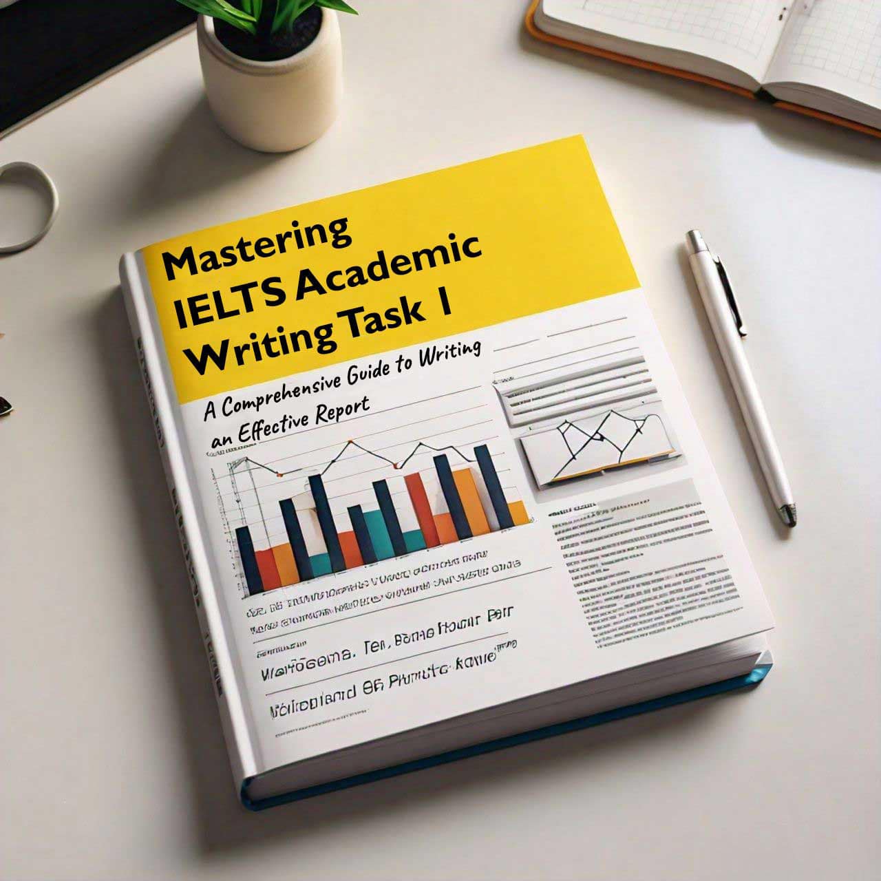 Book ‘Mastering IELTS Academic Writing Task 1’ with office supplies on desk