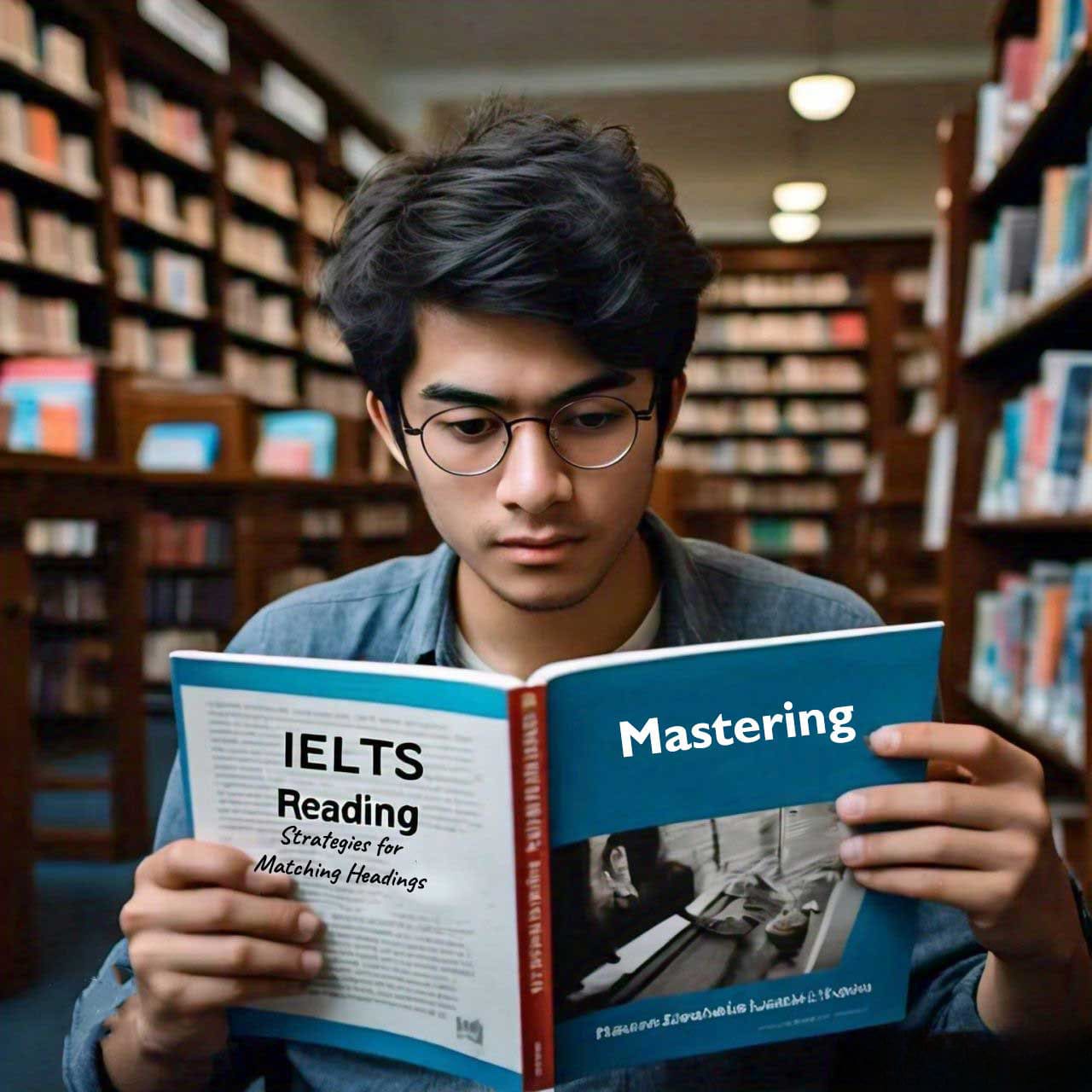 A person studying an IELTS Reading Strategies book in a library, focusing on mastering matching headings, with blurred bookshelves in the background.