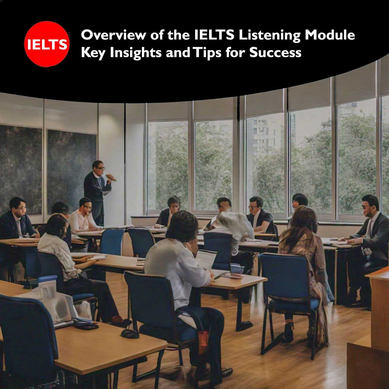 Educational session on ‘Overview of the IELTS Listening Module’ with presenter in front and participants seated, IELTS logo in the background.