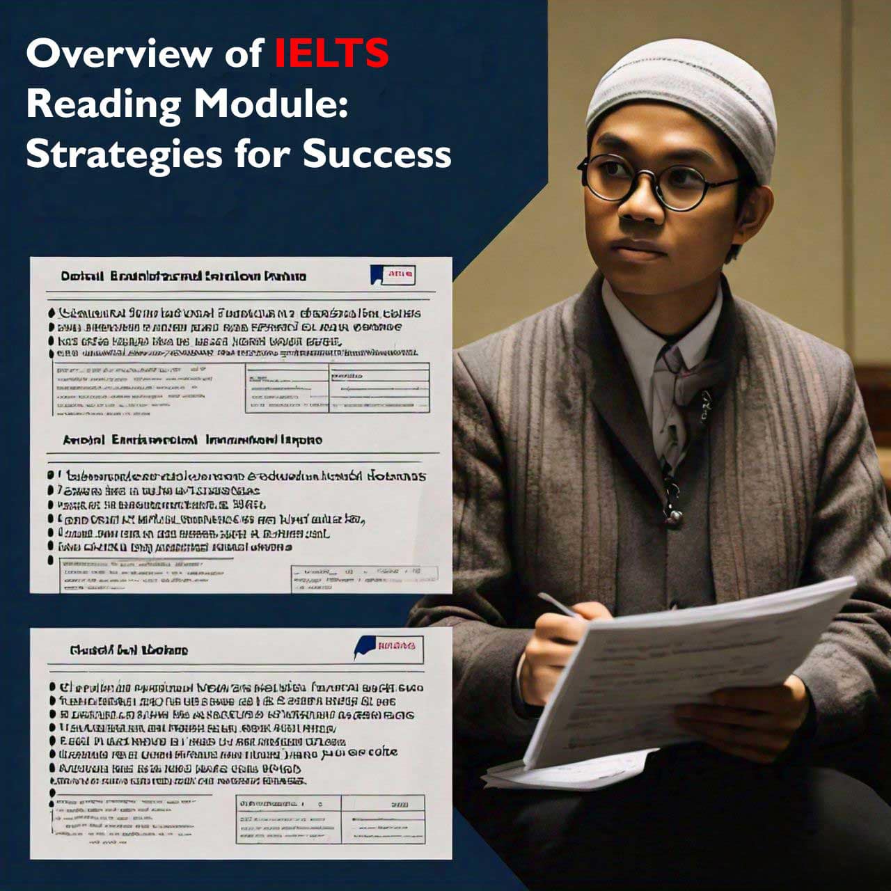 A boy holding a paper on IELTS Reading Module strategies in front of a presentation board with related content.