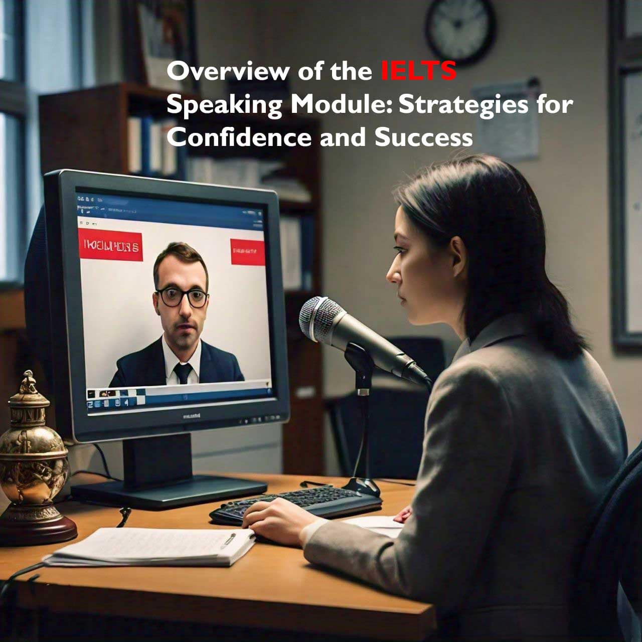 A woman seated at a desk with a computer screen displaying ‘Overview of the IELTS Speaking Module: Strategies for Confidence and Success’, microphone on desk, and an antique brass bell to the side.