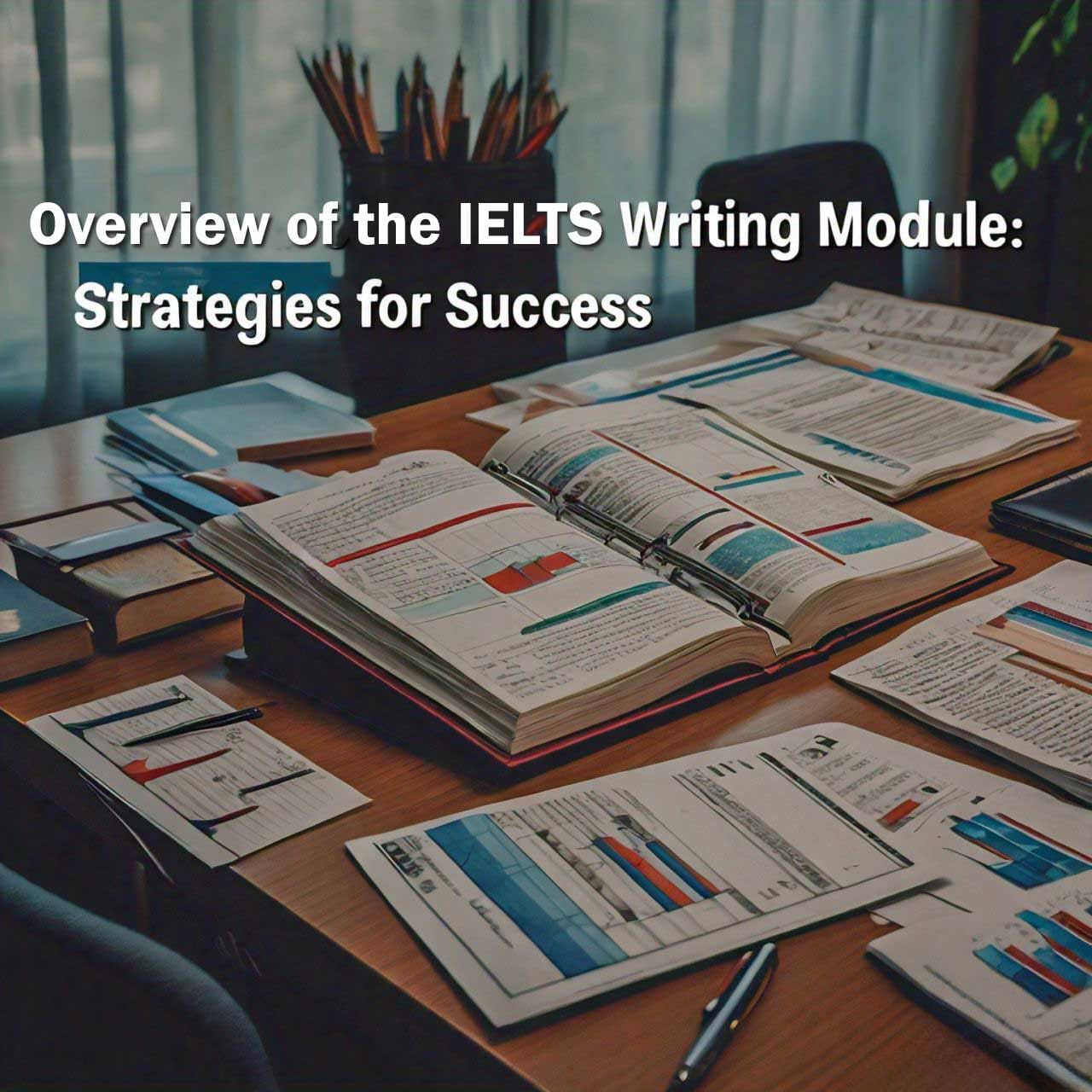 IELTS Writing Module study guide with open books and preparation materials on a desk, highlighting strategies for success.