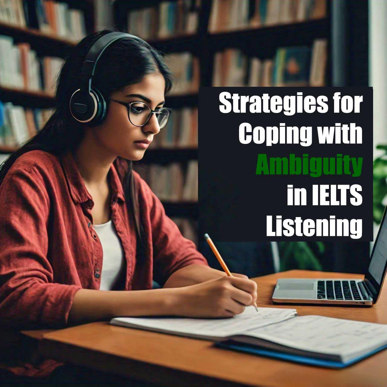 An indian girl wearing headphones, sitting at a desk writing notes from a laptop screen displaying ‘Strategies for Coping with Ambiguity in IELTS Listening'.