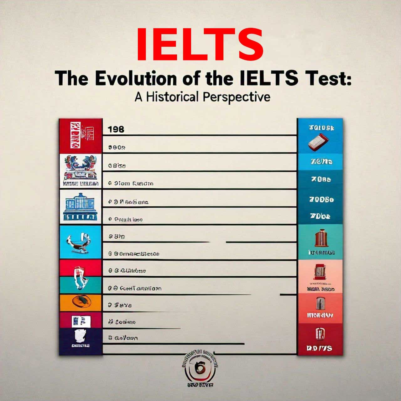 Infographic on ‘The Evolution of the IELTS Test: A Historical Perspective’ showcasing a timeline of key developments from 1980 to present,