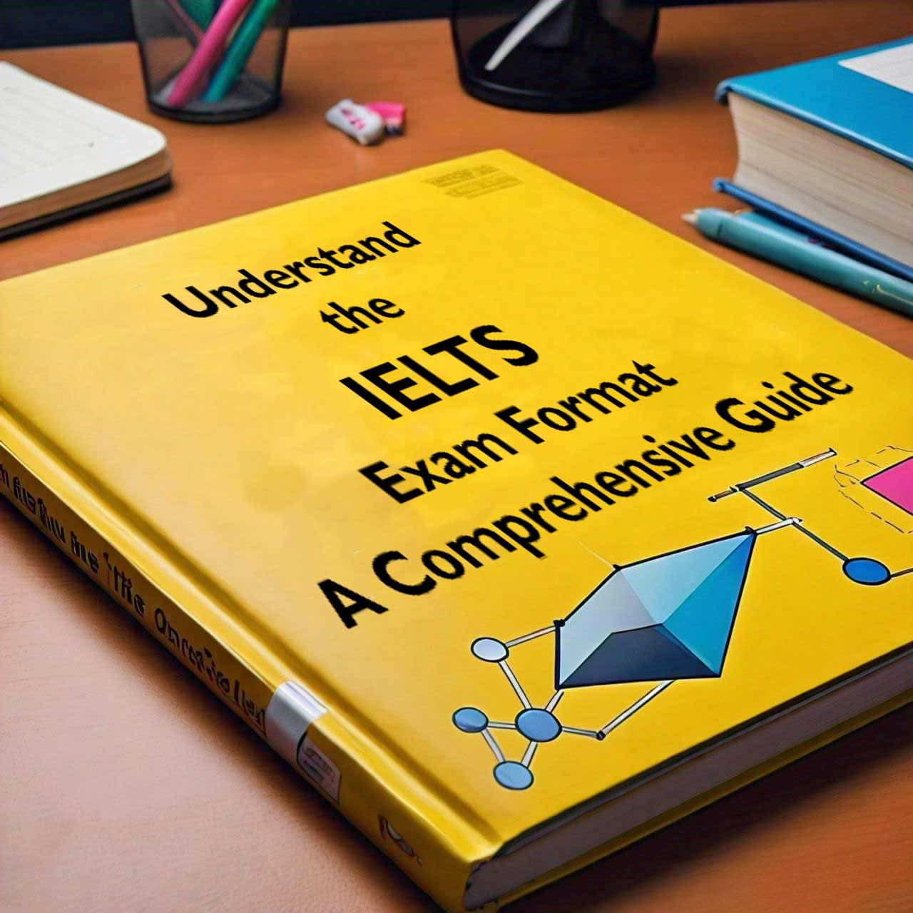 IELTS Exam Format guidebook with study materials on a desk, representing preparation for the IELTS test.