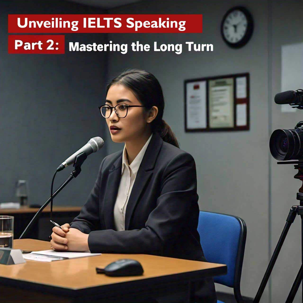 A woman in a formal suit sitting at a table during an IELTS speaking test. The room has a professional setting with a microphone on the table and a camera recording the event. Text overlay states “Unveiling IELTS Speaking Part 2: Mastering the Long Turn”.