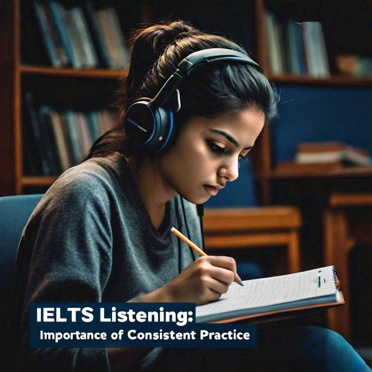 A girl with headphones writing notes in a notebook, studying for IELTS Listening with a focus on consistent practice.