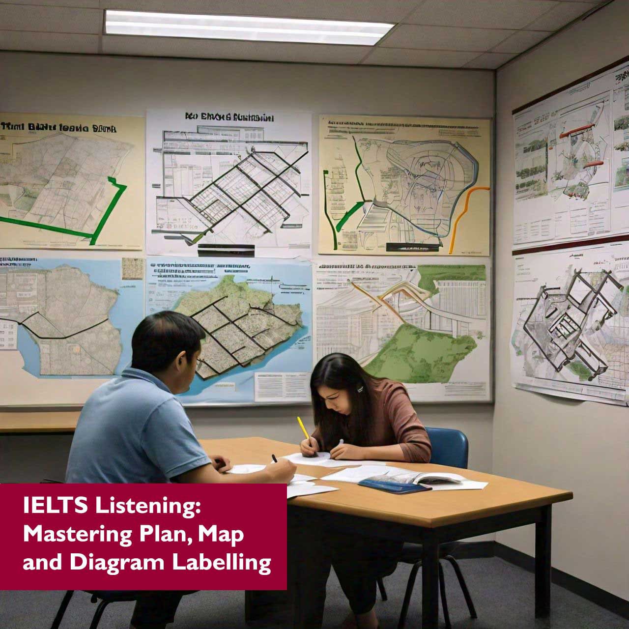 A study session with two individuals seated at a desk in a classroom, focusing on IELTS Listening preparation. They are practicing plan, map, and diagram labelling. Maps and diagrams are displayed on the wall behind them, and one person is writing notes.