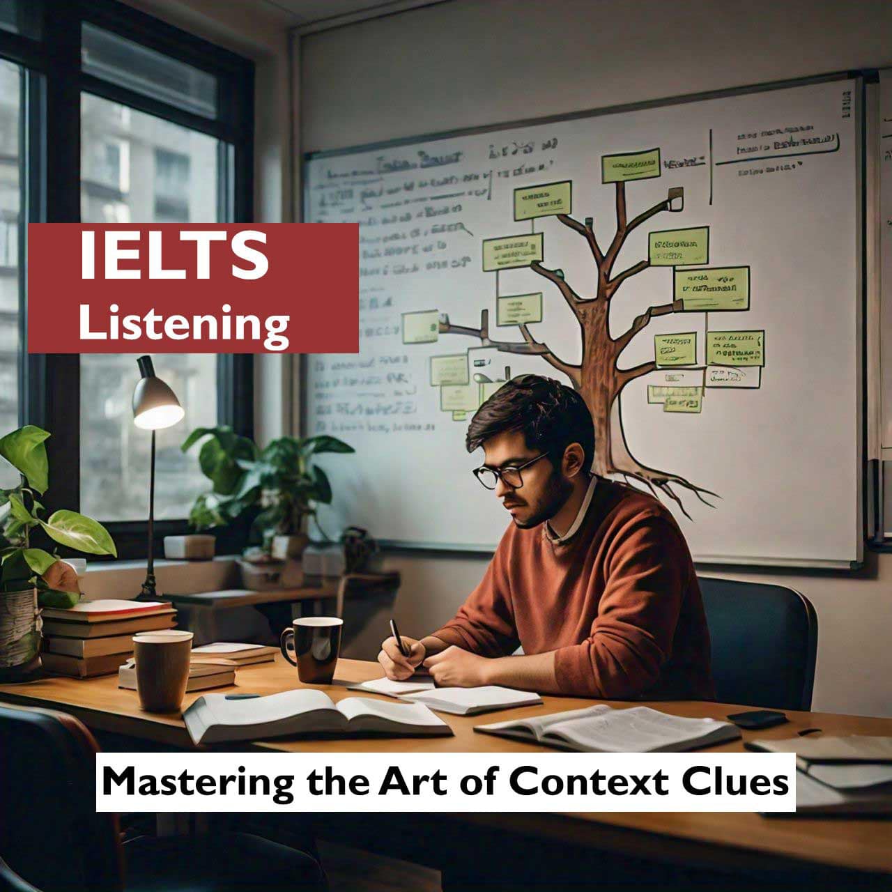 IELTS Listening preparation with a student studying notes on a whiteboard featuring a tree diagram, optimizing context clues.