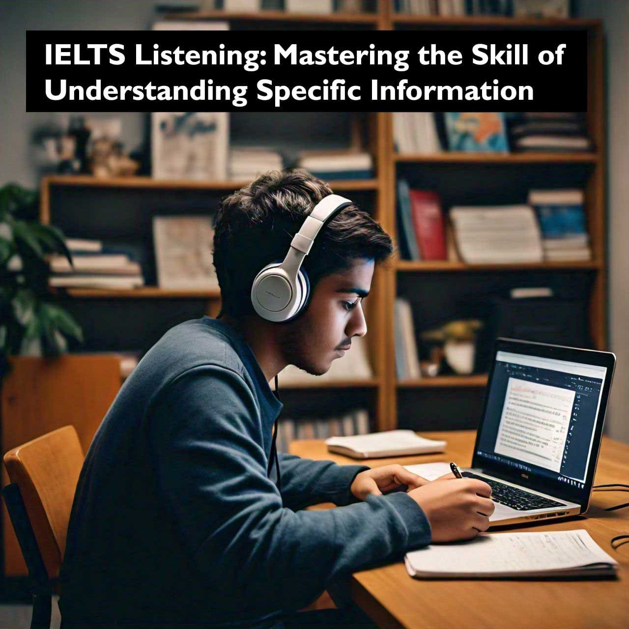 A focused individual wearing headphones while studying at a laptop for IELTS Listening, with the title ‘IELTS Listening: Mastering the Skill of Understanding Specific Information’ displayed, emphasizing the importance of concentration and practice in mastering language proficiency tests.