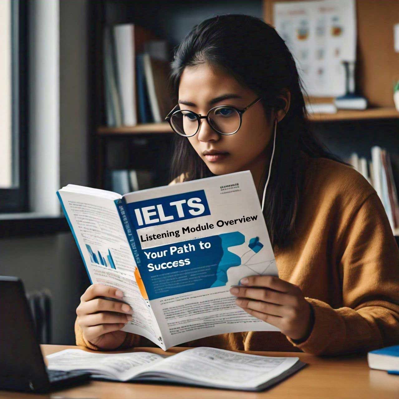 Person studying an IELTS Listening Module Overview book titled ‘Your Path to Success’ at a desk, indicating preparation for the International English Language Testing System exam. Laptop, notebook, and study materials on desk.