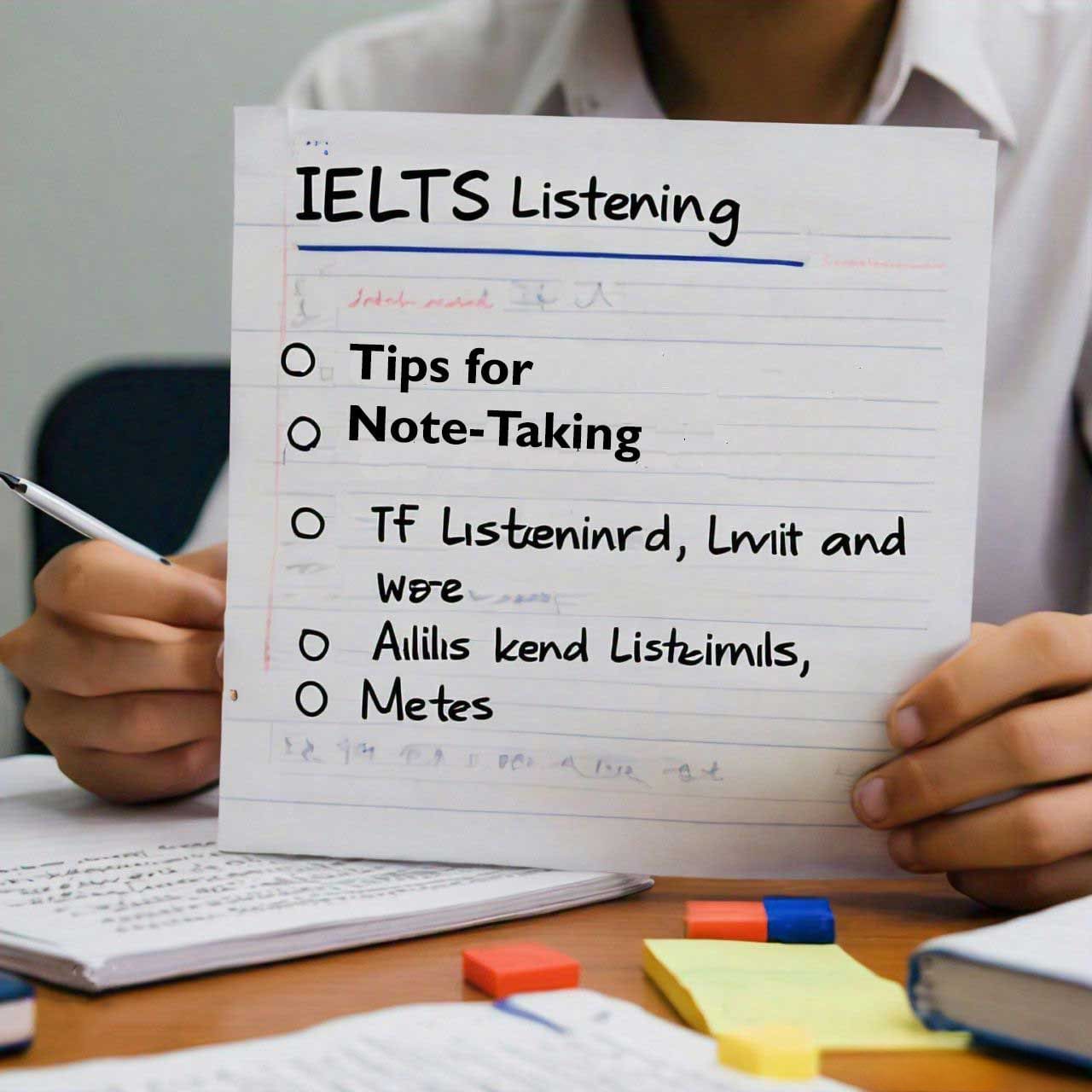 A student preparing for the IELTS listening section with a handwritten note card featuring tips such as ‘Note-Taking’ surrounded by study materials including books, sticky notes, and a pen.