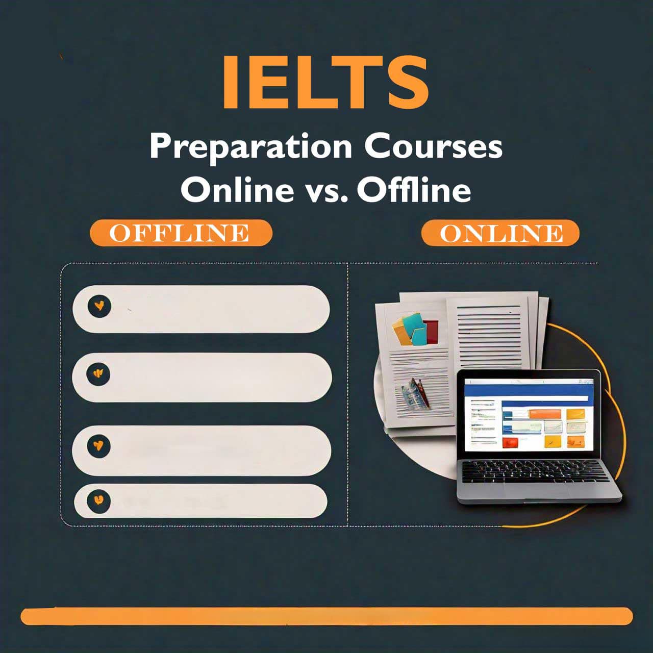 a comparison between online and offline IELTS preparation courses. Icons represent communication, access, and learning resources