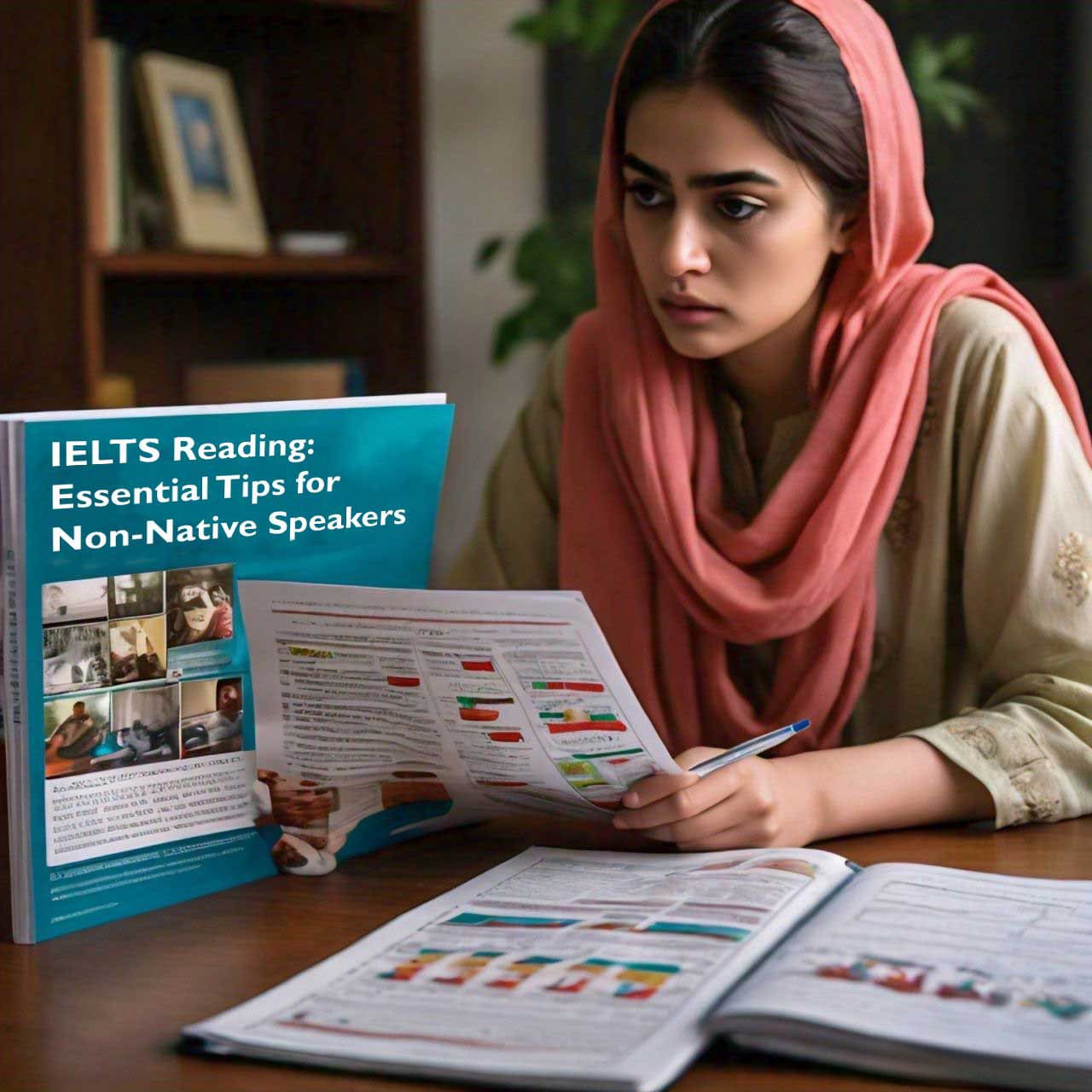 Student studying IELTS Reading tips from a guidebook.