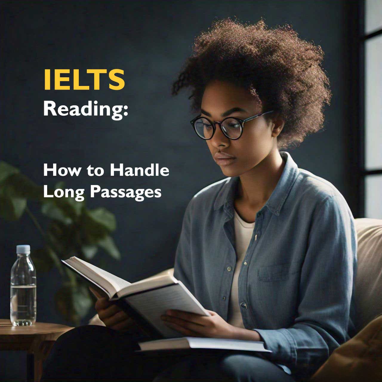 A woman studying a book on handling long passages for IELTS Reading, with a water bottle beside.