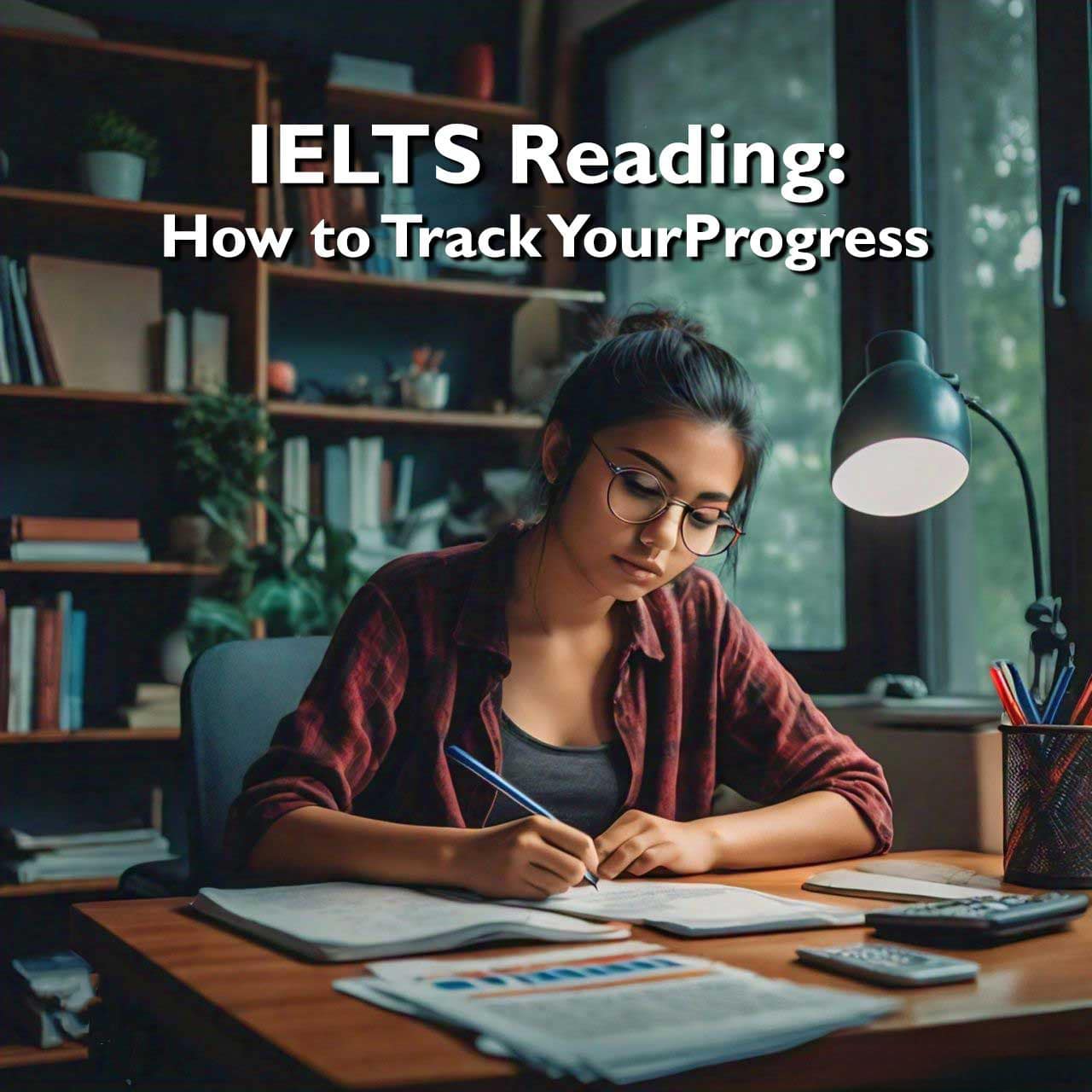 A focused individual sitting at a desk with a lamp, studying for the IELTS reading section with a book and notes, under the guidance of ‘ieltsoma.com’ as indicated by the text overlay.