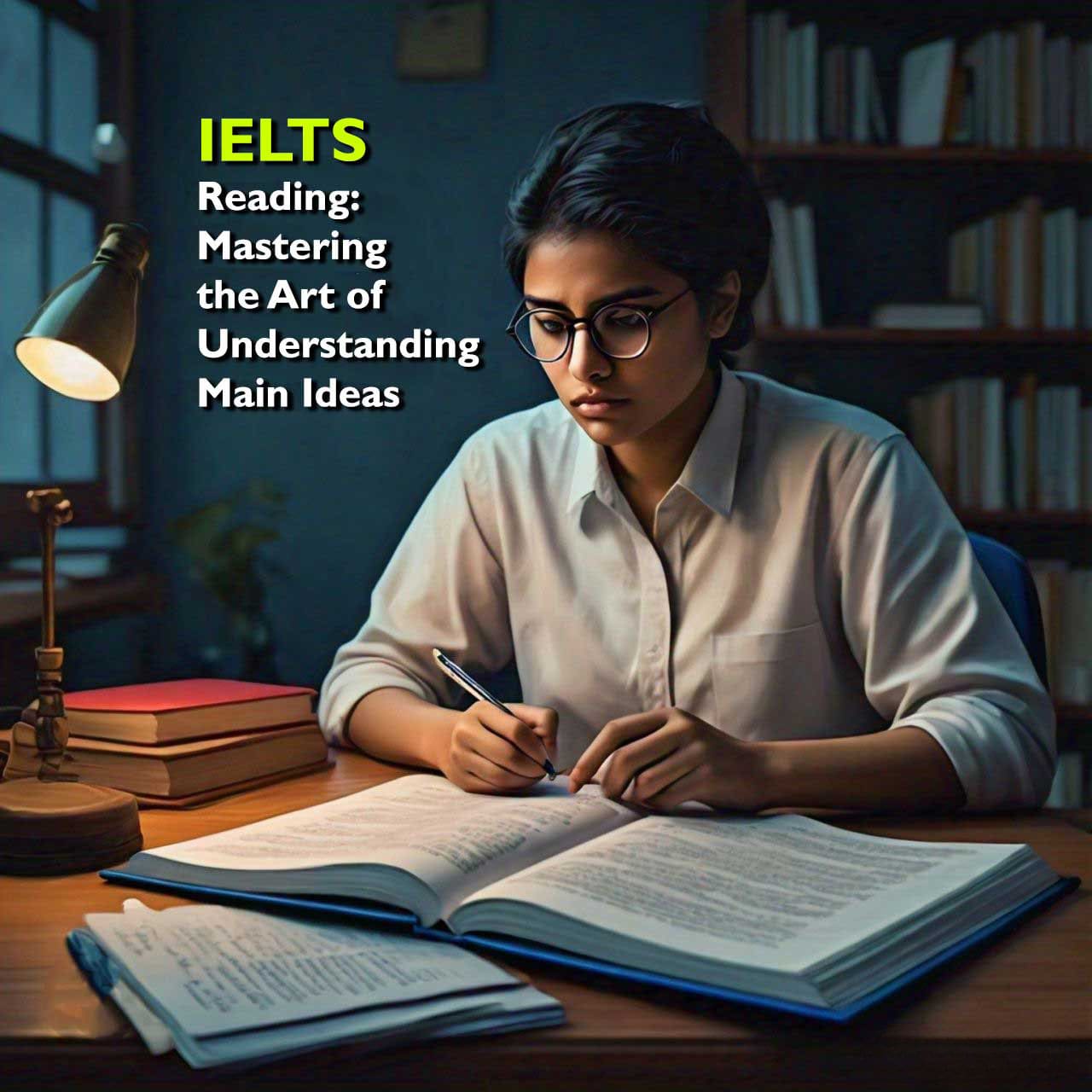 Person studying IELTS reading techniques from a book under desk lamp light.