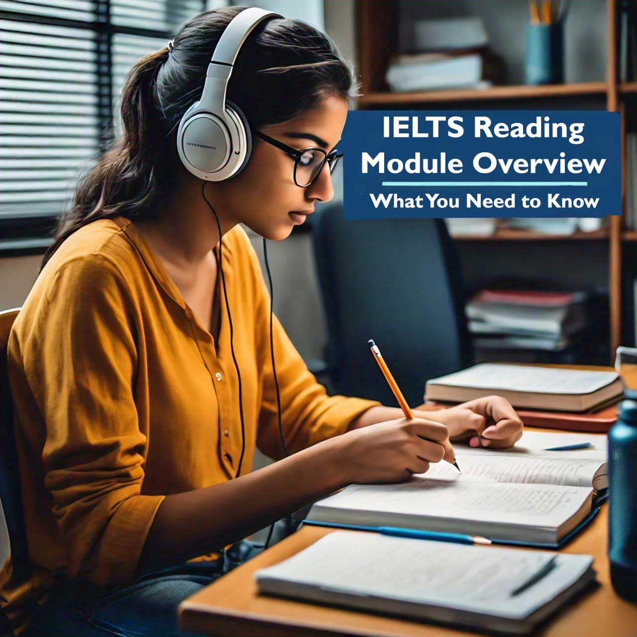 A student preparing for the IELTS reading module, wearing headphones and studies with materials related to the IELTS exam.