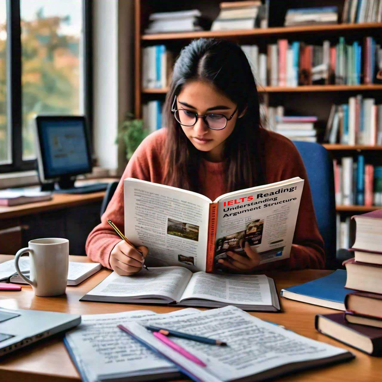 Student studying for IELTS with a focus on reading argument structure, surrounded by books and stationery on a wooden desk.