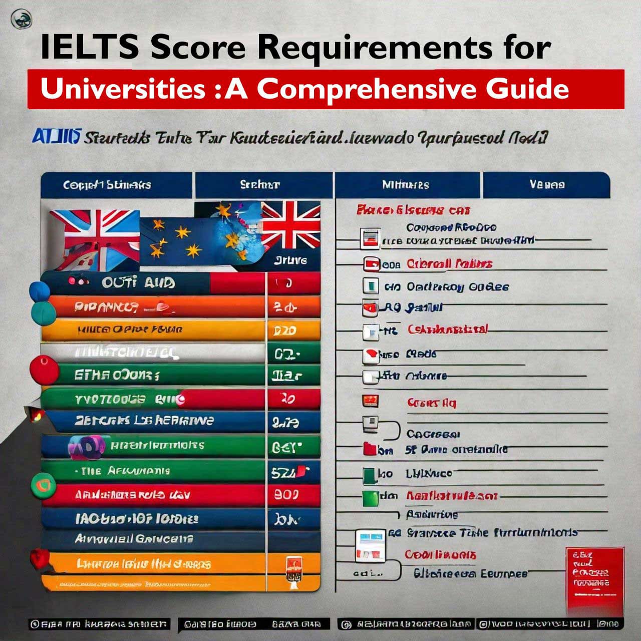 IELTS Score Requirements for Universities Guide infographic with flags, score ranges, and university names.